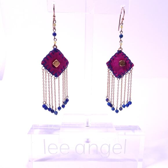 Lee Angel Neiman Marcus Purple Navy Leather Beaded Drape Earrings NWT 168 - Picture 2 of 8